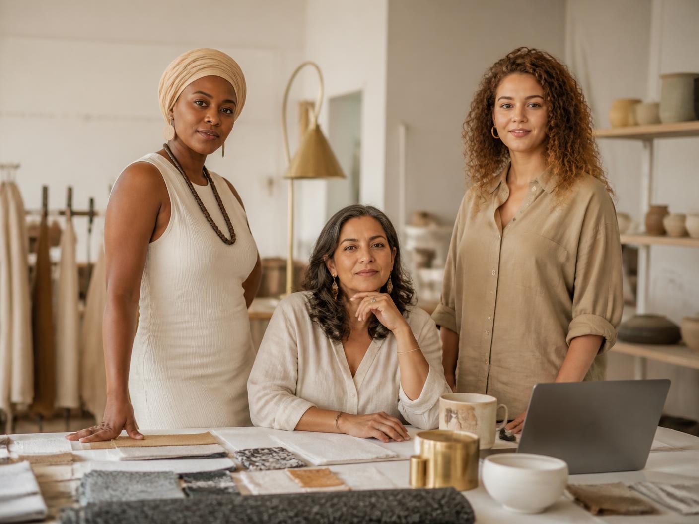 Three South African women of different ages and backgrounds working together in a light, modern studio workspace