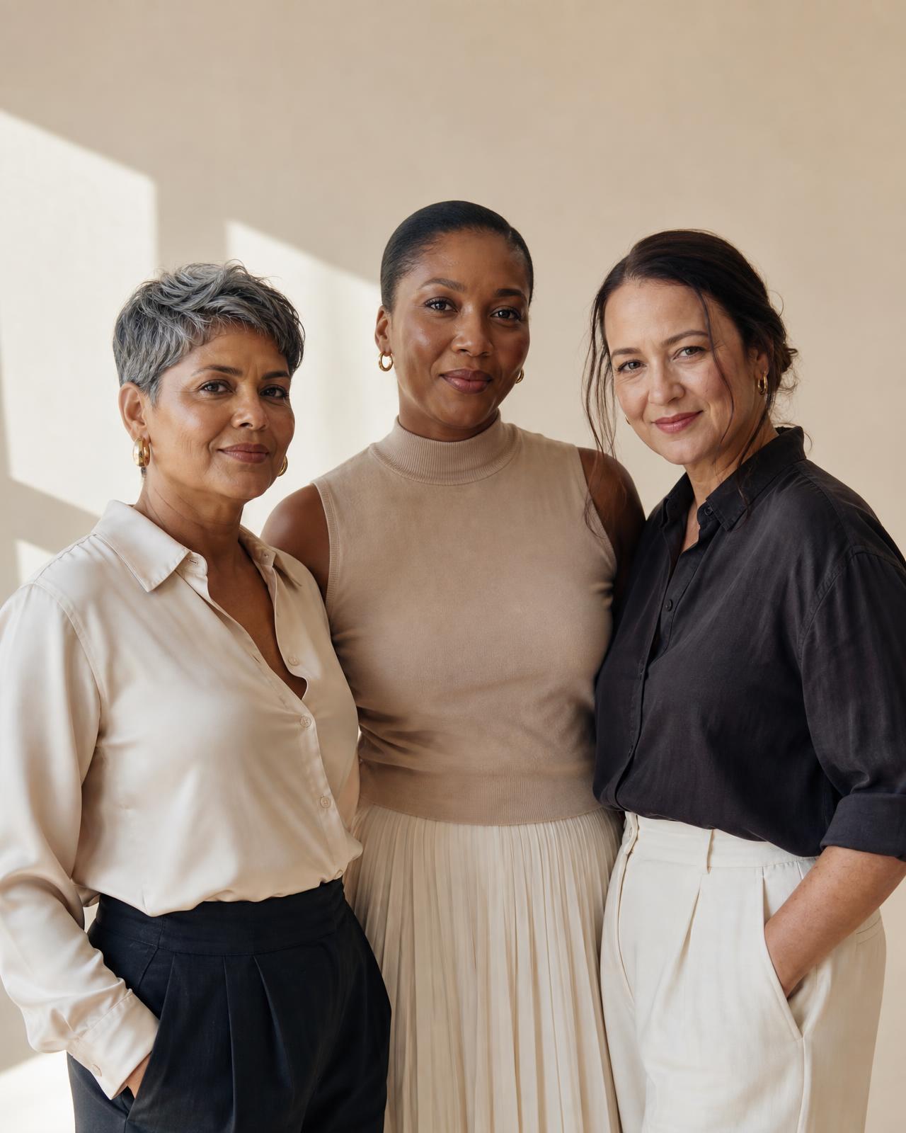Three South African businesswomen of different backgrounds standing together in warm natural light
